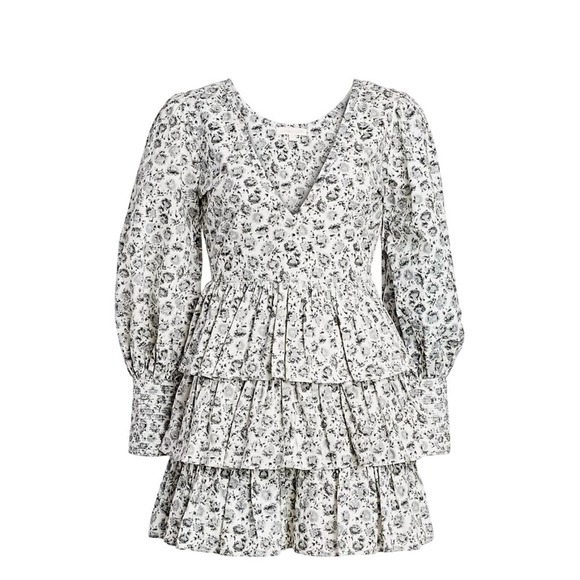 LoveShackFancy Paris Dandelion-Print Puff-Sleeve Mini A-Line Dress 2 Gray White - Picture 2 of 14